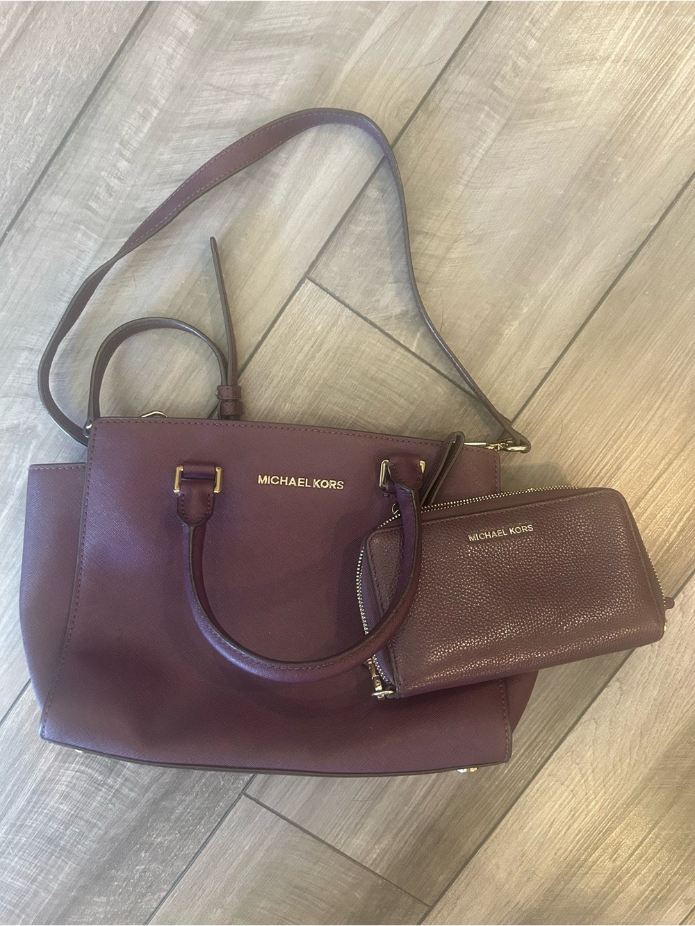 Michael Kors Plum Leather Satchel with Matching Wallet/Wristlet